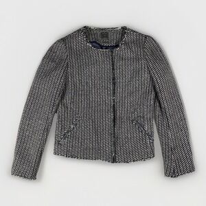 Gap Collarless Tweed Blazer Womens 4‎ Black White Stretch Raw Edge Lined Preppy